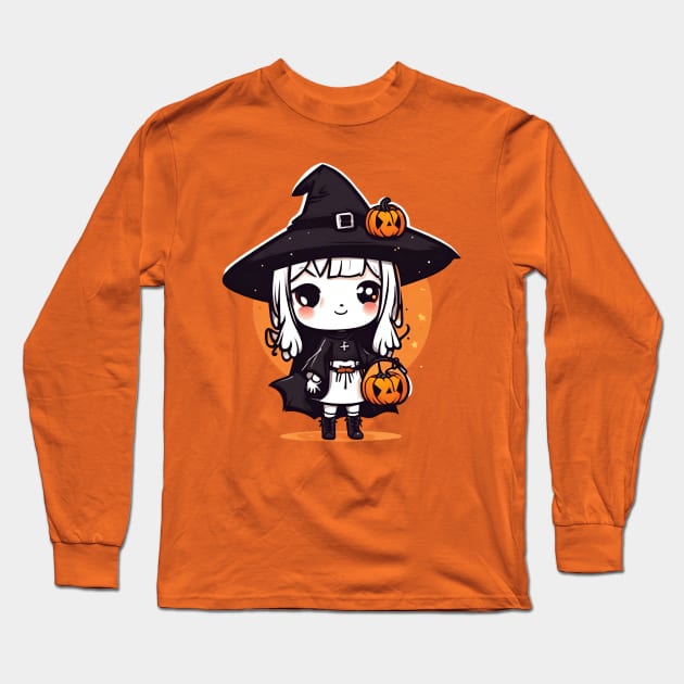 Witchcraft cute anime characters Chibi style with pumpkin Halloween Long Sleeve T-Shirt by Whisky1111